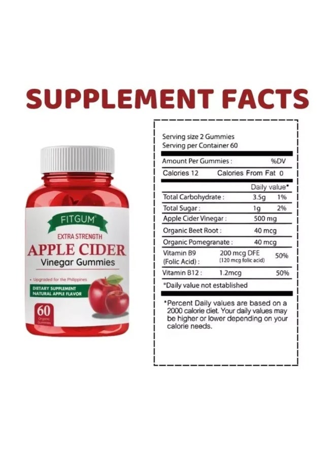FIT GUM FitGum Apple Cider Vinegar Gummies 500mg – Extra Strength | 60 Vegan Gummies | Weight Management, Detox, Digestion, Energy Support | Natural Apple Flavor - Image 3
