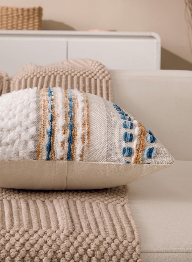 KOOLIFE Boho Chenille Tufted Couch Throw Pillow Covers 18x18 Inch Set of 2 Farmhouse Striped Decorative Pillow Covers Accent Neutral Pillowcase Caramel Brown Blue Cushion Cover for Livingroom Sofa Bed - Image 4