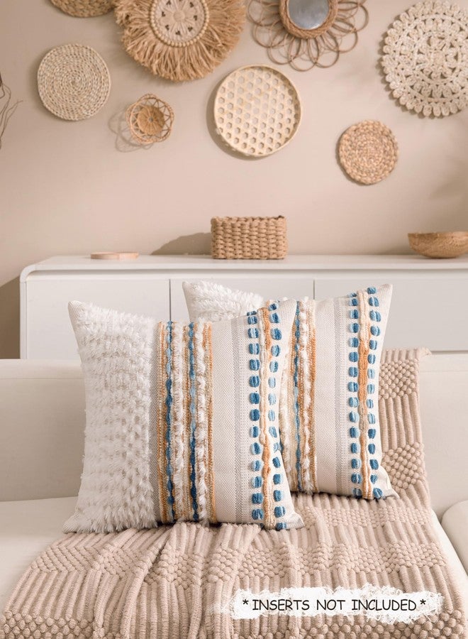 KOOLIFE Boho Chenille Tufted Couch Throw Pillow Covers 18x18 Inch Set of 2 Farmhouse Striped Decorative Pillow Covers Accent Neutral Pillowcase Caramel Brown Blue Cushion Cover for Livingroom Sofa Bed - Image 2