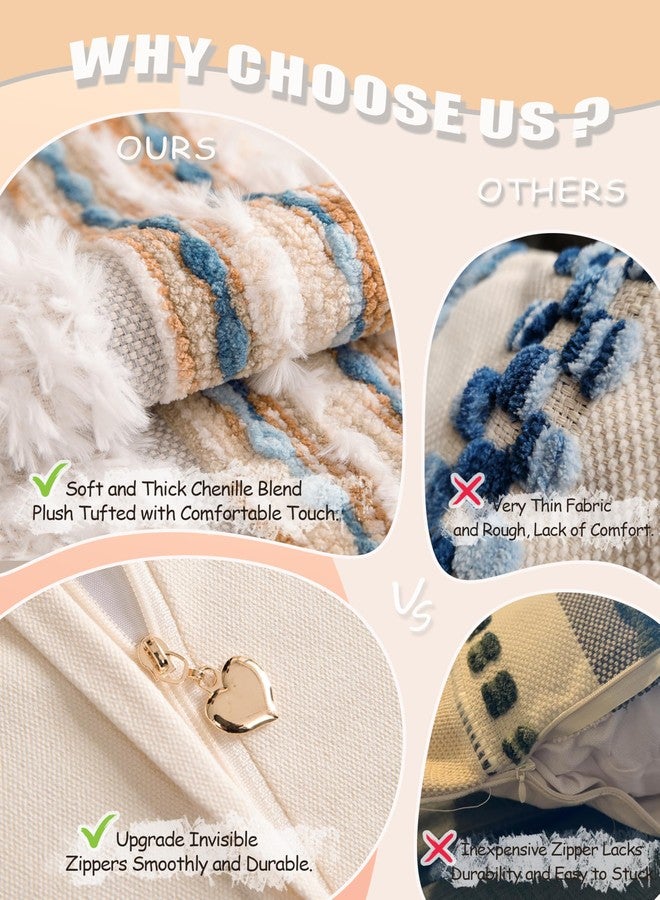 KOOLIFE Boho Chenille Tufted Couch Throw Pillow Covers 18x18 Inch Set of 2 Farmhouse Striped Decorative Pillow Covers Accent Neutral Pillowcase Caramel Brown Blue Cushion Cover for Livingroom Sofa Bed - Image 5