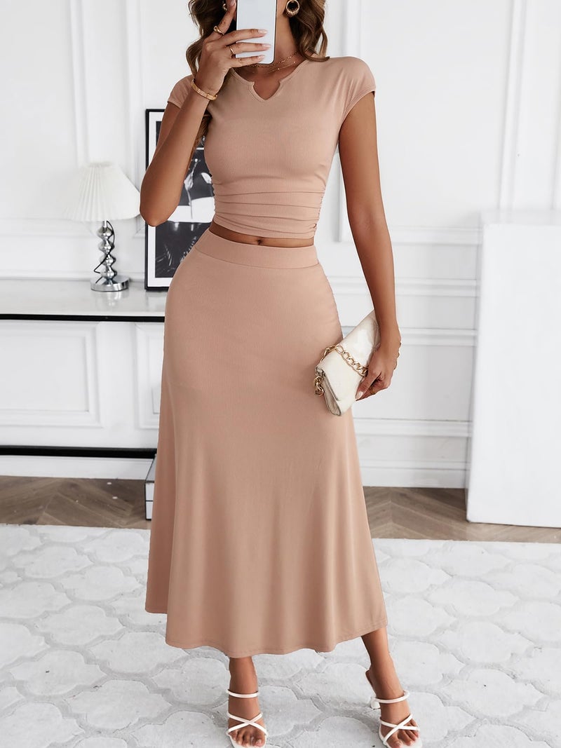HELYO Women's Casual Sets 2 Piece Outfits Summer Dressy Cap Sleeve Notched V Neck Crop Top High Waist Midi Skirt Set 637 Apricot XL - Image 4
