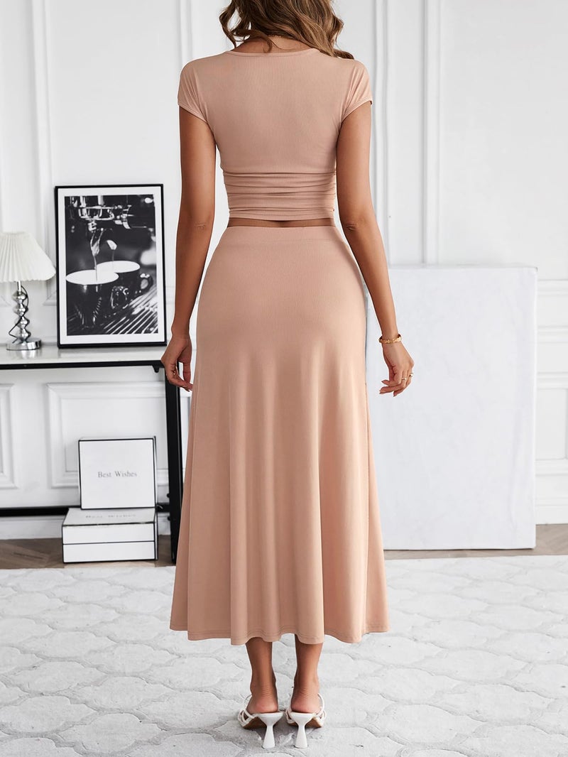 HELYO Women's Casual Sets 2 Piece Outfits Summer Dressy Cap Sleeve Notched V Neck Crop Top High Waist Midi Skirt Set 637 Apricot XL - Image 2