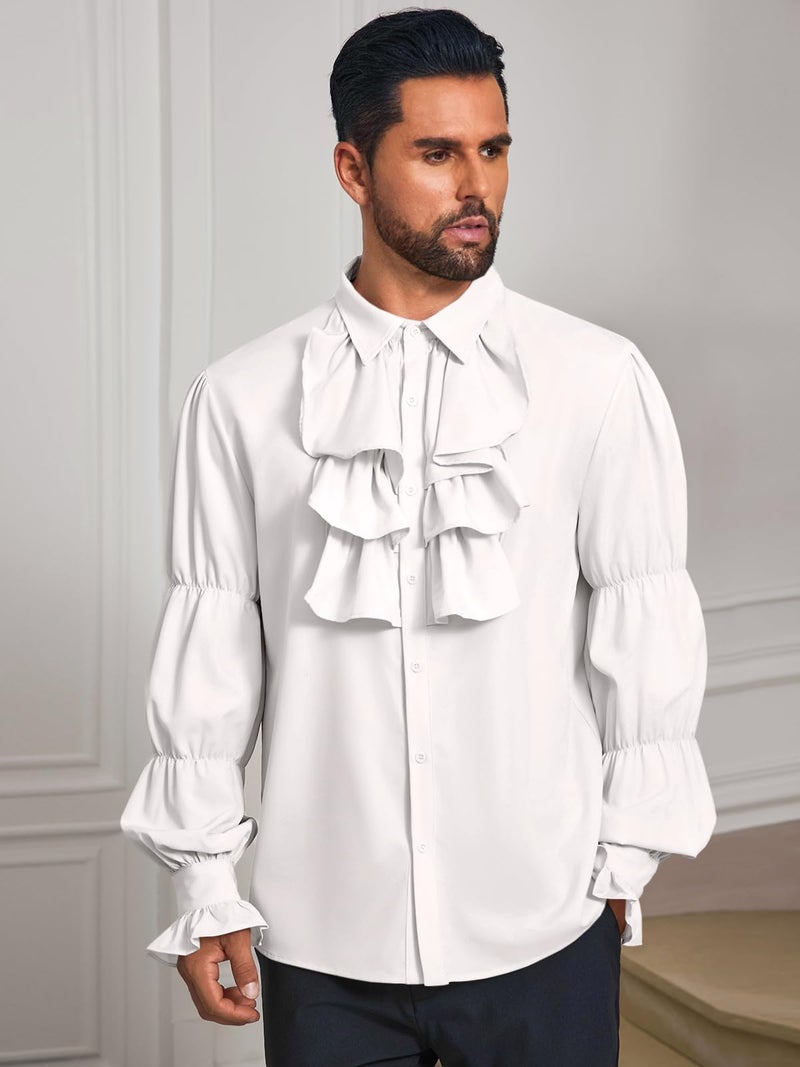 Runcati Mens Pirate Shirt Ruffle Victorian Renaissance Vampire Poet Puffy Shirts Gothic Steampunk Medieval Costume White - Image 2