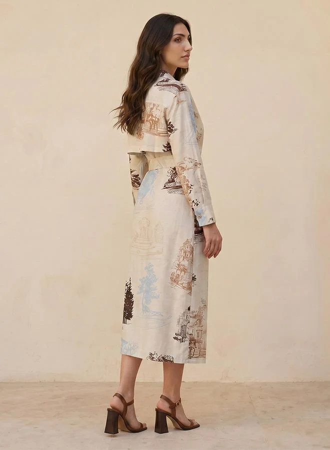 Iconic beige with print WRAP LONG DRESS for Women | Best Price UAE