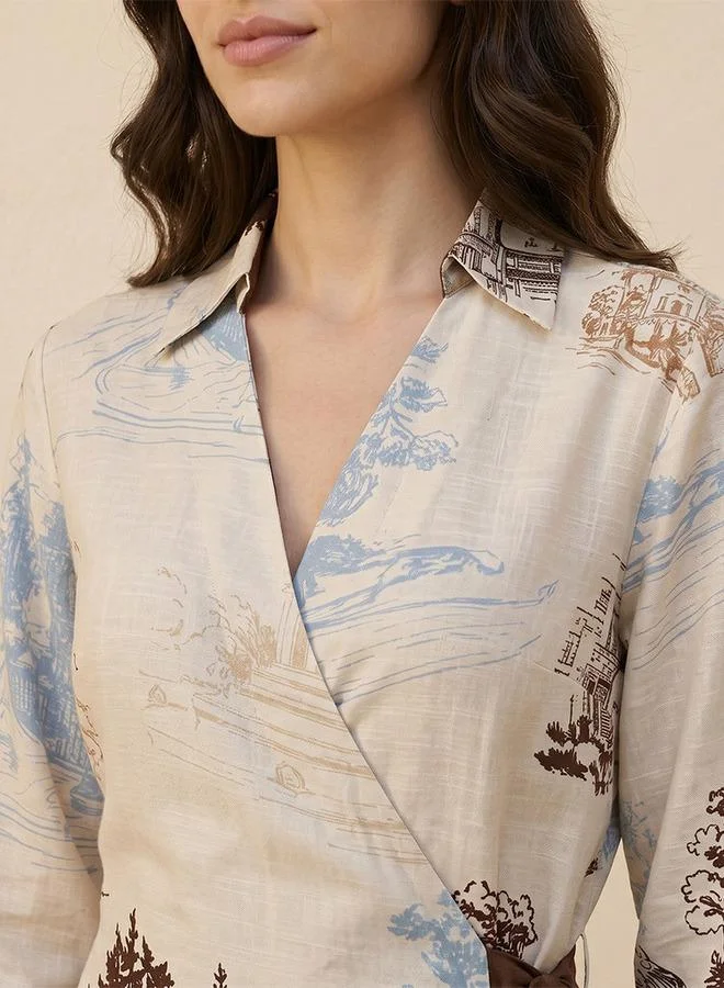 Iconic beige with print WRAP LONG DRESS for Women | Best Price UAE