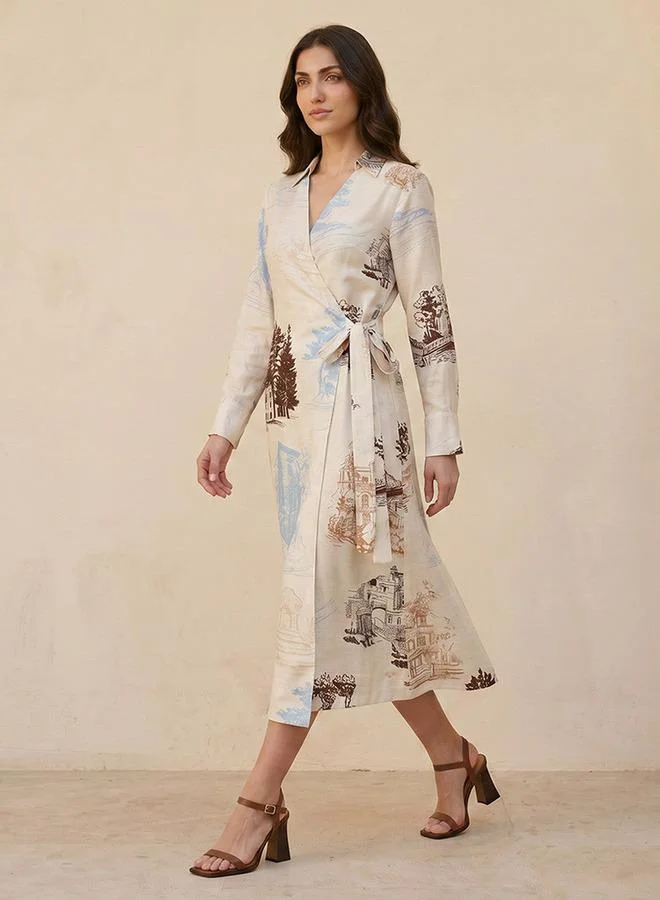 Iconic beige with print WRAP LONG DRESS for Women | Best Price UAE