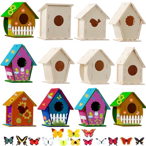 Sawysine 107 Pcs DIY Birdhouse Kits for Kids Ages 58 812 48 Wooden Bird House Kits in 6 Shapes and 57 Butterfly Sticker for Children Spring Craft Activity Art DIY ProjectCute Style - Image 1