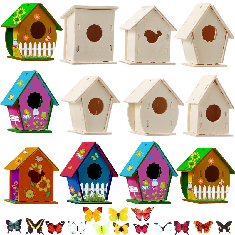 Sawysine 107 Pcs DIY Birdhouse Kits for Kids Ages 58 812 48 Wooden Bird House Kits in 6 Shapes and 57 Butterfly Sticker for Children Spring Craft Activity Art DIY ProjectCute Style - Image 2
