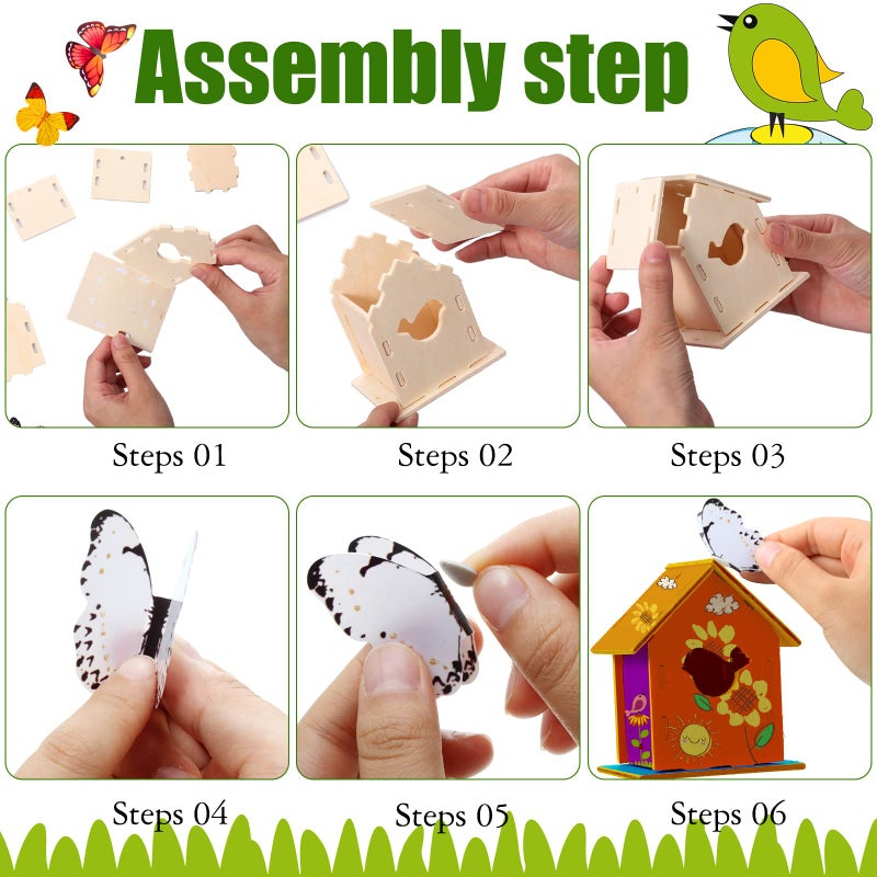Sawysine 107 Pcs DIY Birdhouse Kits for Kids Ages 58 812 48 Wooden Bird House Kits in 6 Shapes and 57 Butterfly Sticker for Children Spring Craft Activity Art DIY ProjectCute Style - Image 3