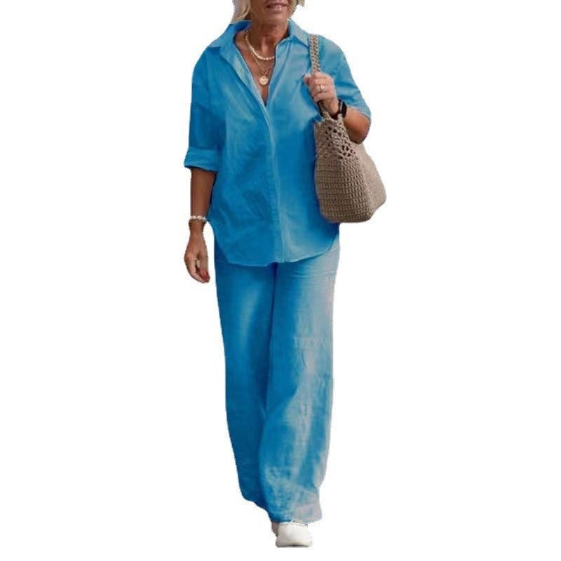 2023 Collared Shirt  Wide-Leg Pants Set for Women Aqua