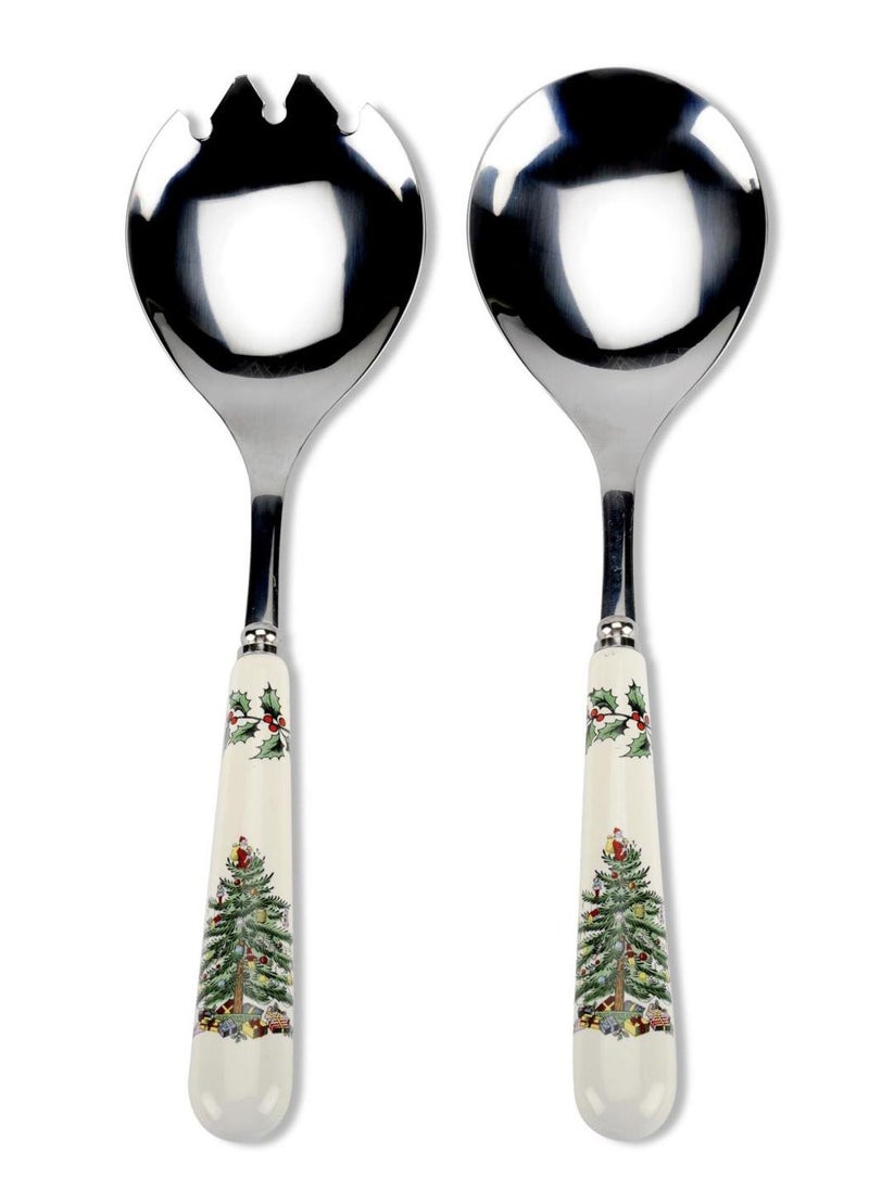Spode Portmeirion Christmas Tree Salad Server Set 2Piece  10 Inch Stainless Steel with Porcelain Handles Festive Flatware for Holiday Dining  Dishwasher Safe Seasonal Entertaining  GiftGiving 