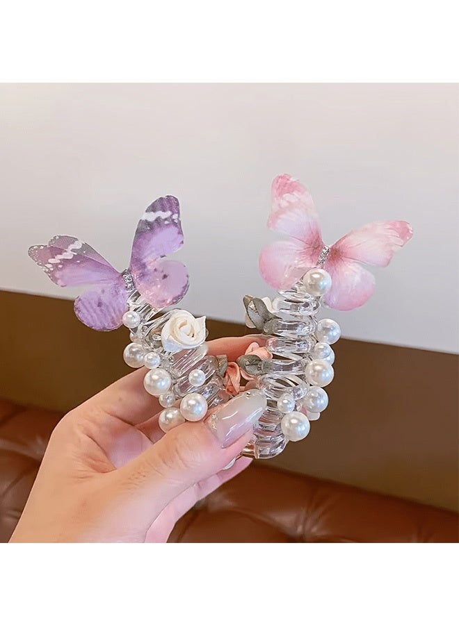 2 PCS Pearl Butterfly Telephone Wire Hair Ties – Spiral Elastic Bubble Ponytail Hair Bands for Women & Girls, No Damage, Soft & Stretchy Hair Accessories for High Ponytails and Braids - Image 1