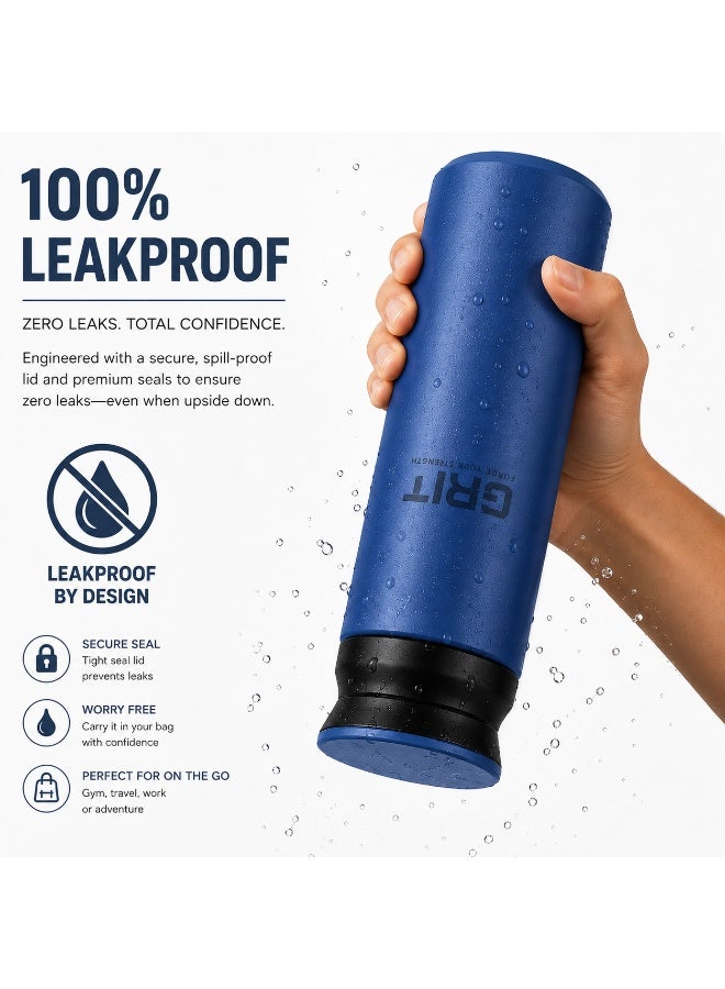 GRIT Insulated Flask Bottle 500ml - Hot & Cold Stainless Steel Flask - Modern Compact Design, Comfortable Grip & Leakproof Lid - Blue Stainless Steel Flask - Image 4