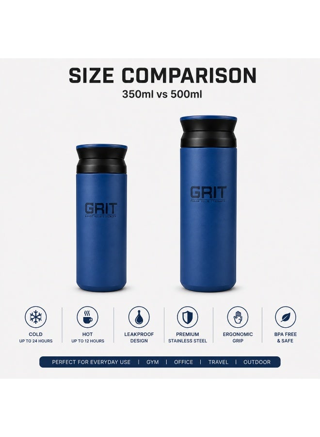 GRIT Insulated Flask Bottle 500ml - Hot & Cold Stainless Steel Flask - Modern Compact Design, Comfortable Grip & Leakproof Lid - Blue Stainless Steel Flask - Image 5