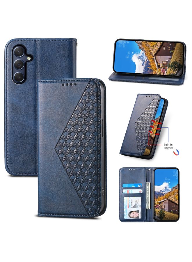 BGM Case Cover For Samsung Galaxy M54 5G Cubic Grid Calf Texture Magnetic Leather Phone Case Blue