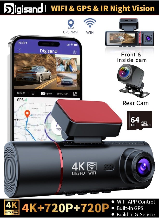Digisand 4K Dash Cam Built-in GPS Wifi Triple Camera Car DVR 3.39”Screen Front and Rear/Inside for Cars with Night Vision With 64GB Card  - Image 1
