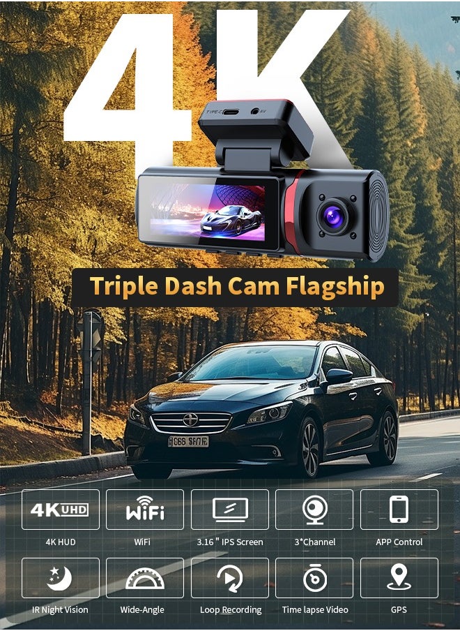 Digisand 4K Dash Cam Built-in GPS Wifi Triple Camera Car DVR 3.39”Screen Front and Rear/Inside for Cars with Night Vision With 64GB Card  - Image 2