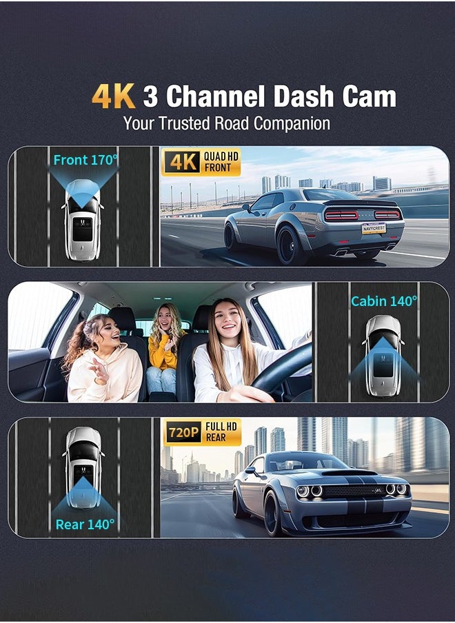 Digisand 4K Dash Cam Built-in GPS Wifi Triple Camera Car DVR 3.39”Screen Front and Rear/Inside for Cars with Night Vision With 64GB Card  - Image 3