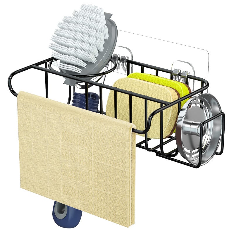 HapiRm 4 in 1 Adhesive Sponge Holder Sink Caddy SUS304 Stainless Steel Brush Holder  Dish Cloth Hanger  Soap Rack  Sink Stopper Rack No Drill Kitchen Sponge Caddy  Black