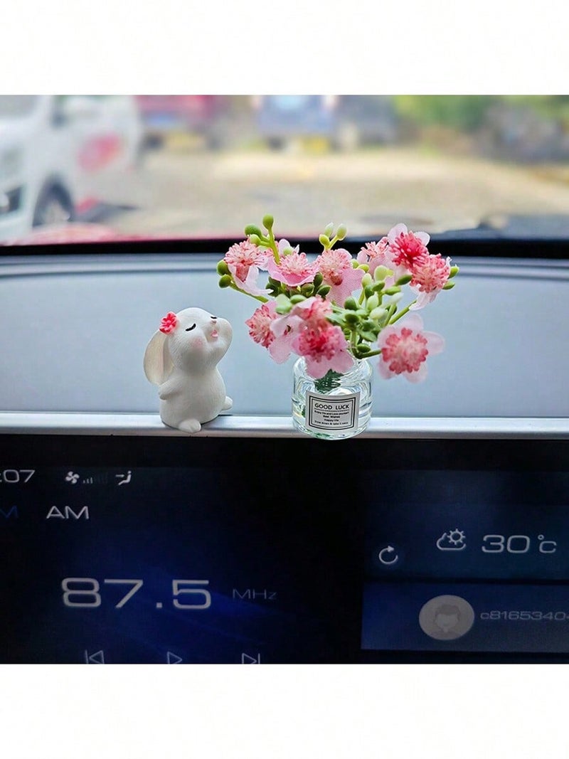 Cute Car Dashboard Ornament with Bunny and Pink Flowers in Mini Glass Vase - Image 1