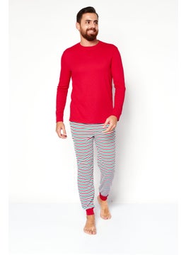 Men 2 Pieces Long Sleeve Textured Pajama Set, Red Combo