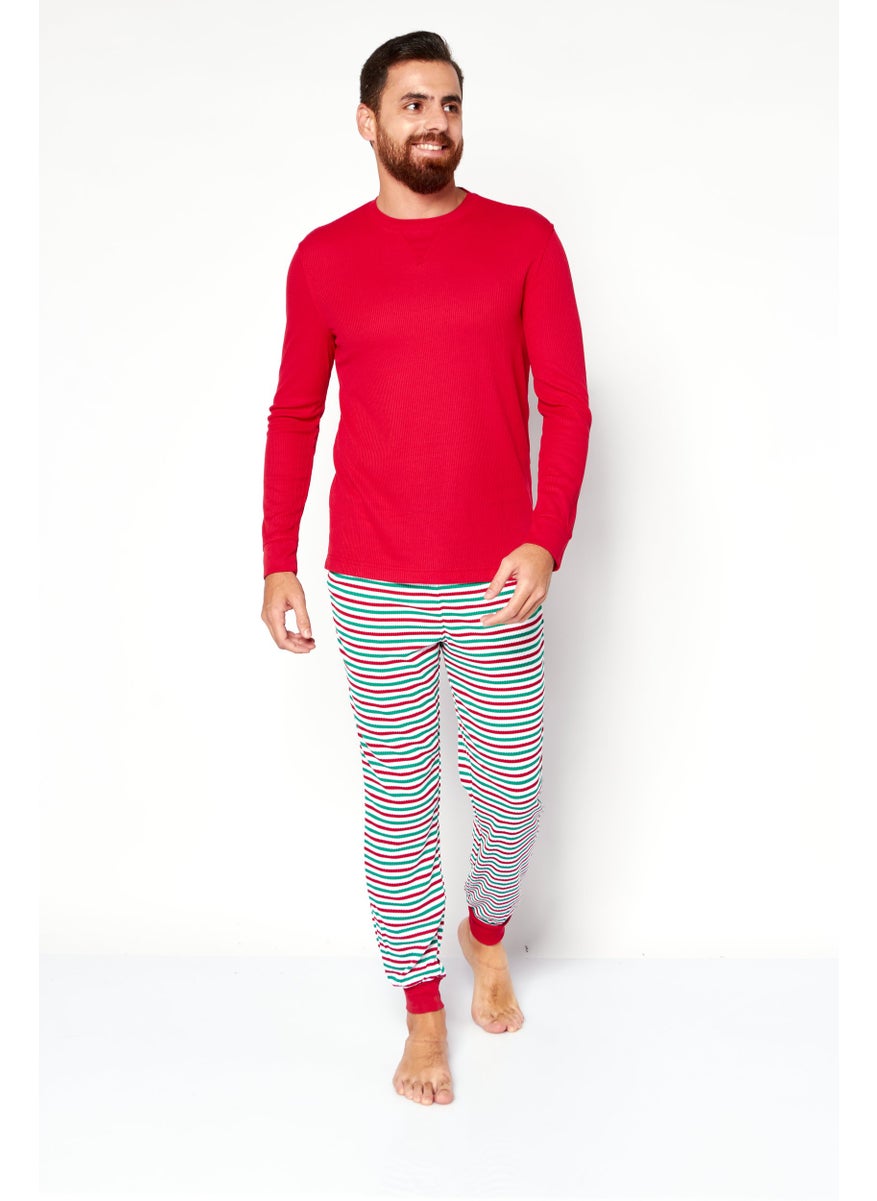 Family PJs - Men 2 Pieces Long Sleeve Textured Pajama Set, Red Combo - Image 1