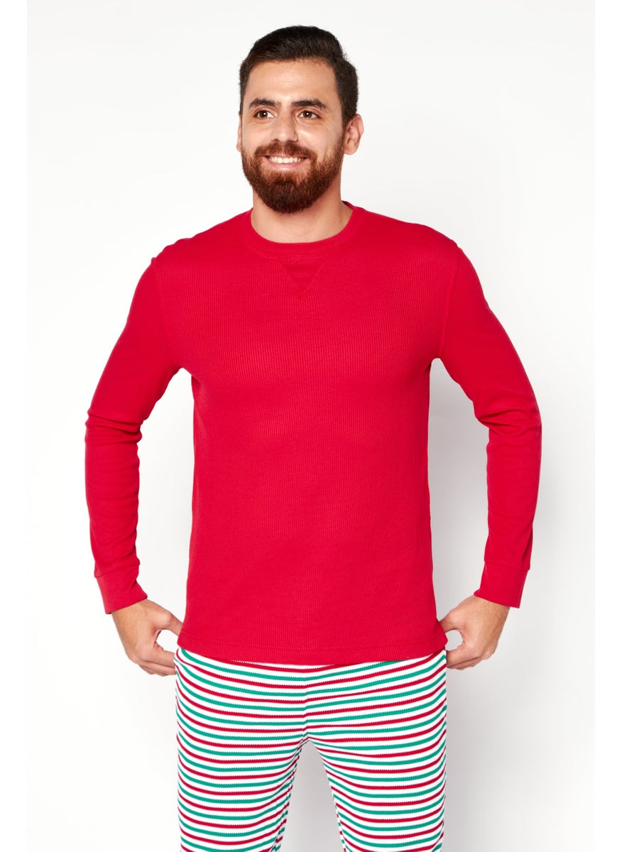 Family PJs - Men 2 Pieces Long Sleeve Textured Pajama Set, Red Combo - Image 1