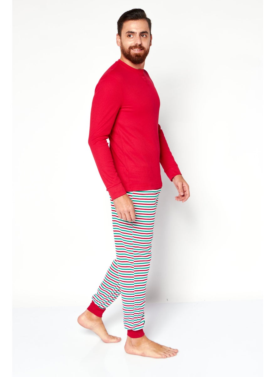 Family PJs - Men 2 Pieces Long Sleeve Textured Pajama Set, Red Combo - Image 1