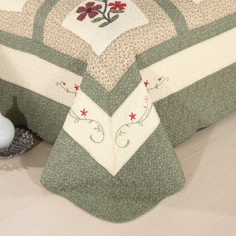 vctops Farmhouse Green 3 Piece Embroidered Floral Quilted Bedspread Quilt Set 100% Cotton Reversible Patchwork Coverlet Set 1 Quilt and 2 Pillow Shams (Green,Queen) - Image 5