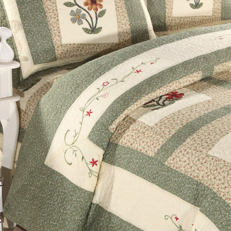 vctops Farmhouse Green 3 Piece Embroidered Floral Quilted Bedspread Quilt Set 100% Cotton Reversible Patchwork Coverlet Set 1 Quilt and 2 Pillow Shams (Green,Queen) - Image 3