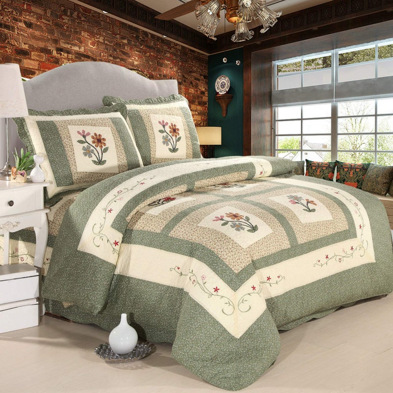vctops Farmhouse Green 3 Piece Embroidered Floral Quilted Bedspread Quilt Set 100% Cotton Reversible Patchwork Coverlet Set 1 Quilt and 2 Pillow Shams (Green,Queen) - Image 2