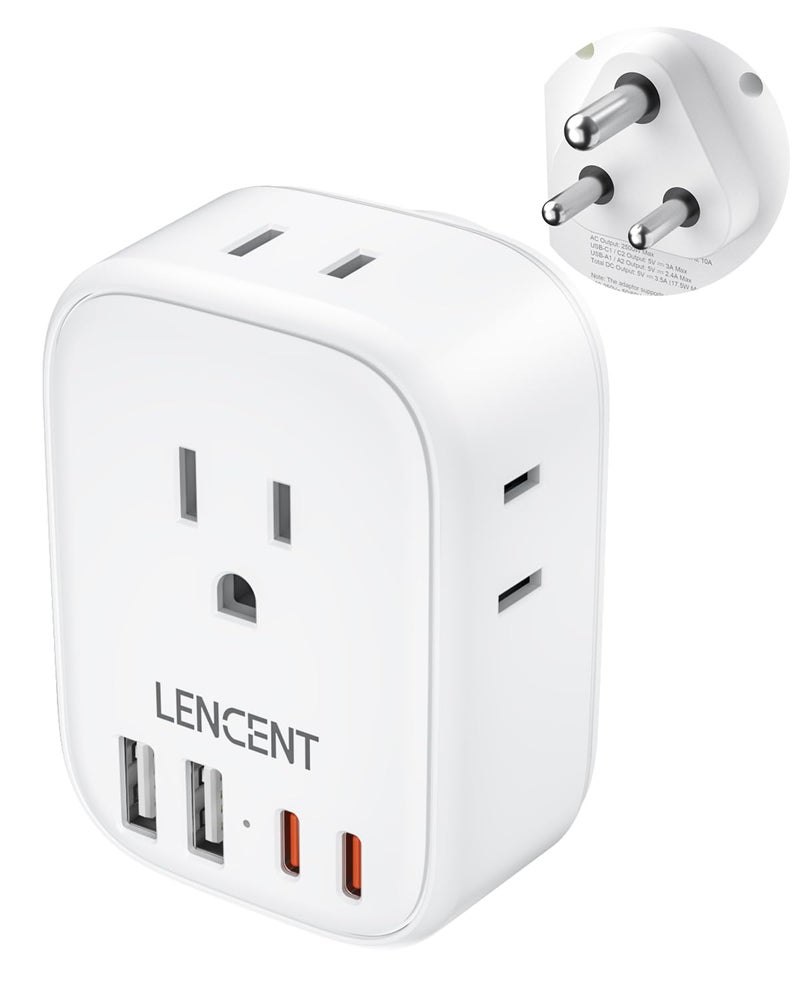 LENCENT US to India Power Plug Adapter, Indian Travel Adaptor with 4 Outlets, 4 USB Charger(2 USB C), Type D Plug Converter for USA to India Nepal Bangladesh Maldives Pakistan, Safe Grounded - Image 1