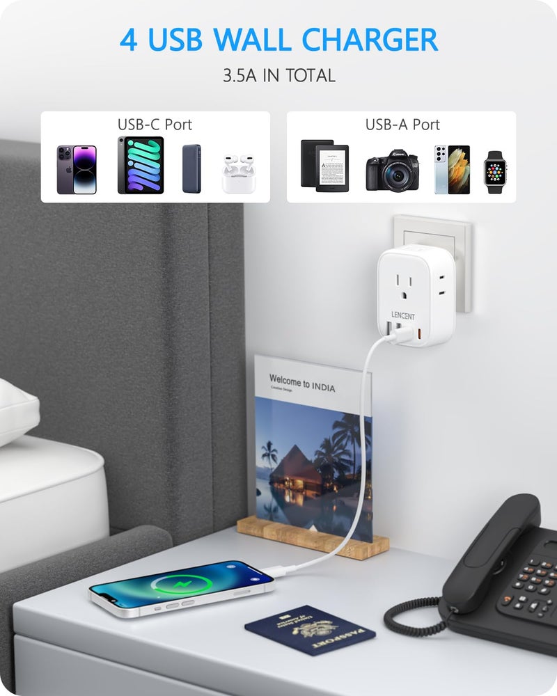 LENCENT US to India Power Plug Adapter, Indian Travel Adaptor with 4 Outlets, 4 USB Charger(2 USB C), Type D Plug Converter for USA to India Nepal Bangladesh Maldives Pakistan, Safe Grounded - Image 4