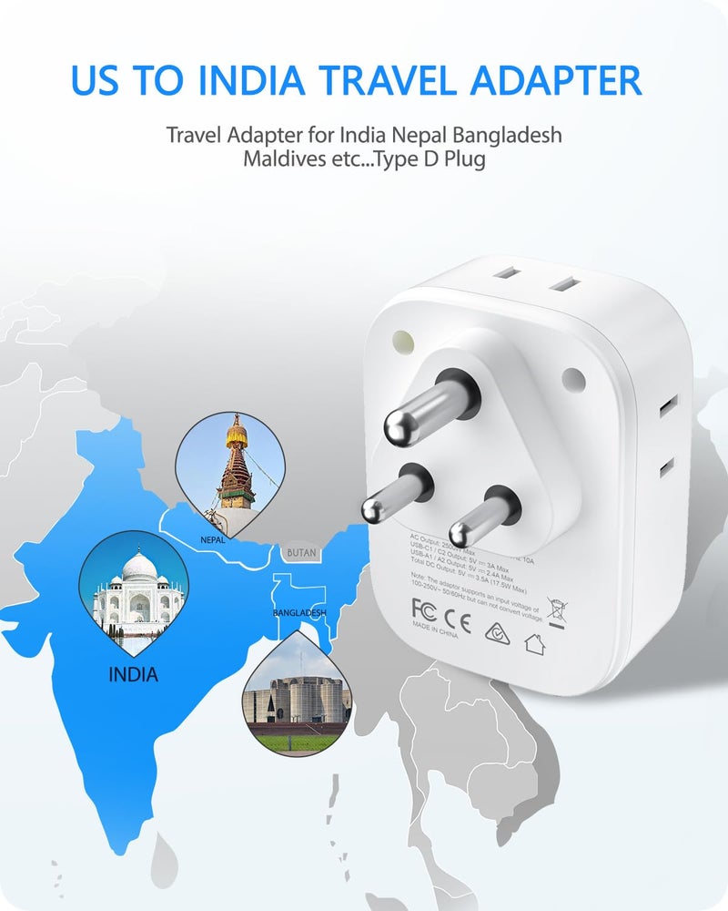 LENCENT US to India Power Plug Adapter, Indian Travel Adaptor with 4 Outlets, 4 USB Charger(2 USB C), Type D Plug Converter for USA to India Nepal Bangladesh Maldives Pakistan, Safe Grounded - Image 2