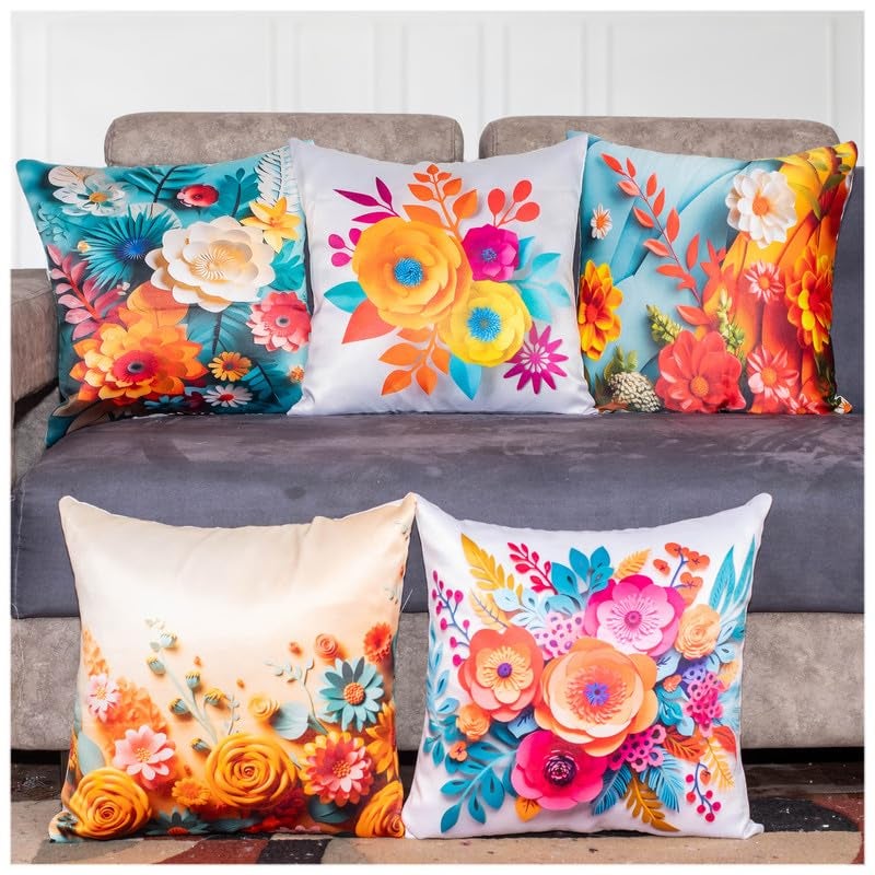 Vendola 3D Decorative Satin Sofa Cushion Covers Set of 5, 20 Inch x 20 inch, Sofa Pillow Cover, White and Blue, Floral Design, Zipper Closure (Colour Bust, 20X20 Inches) - Image 1