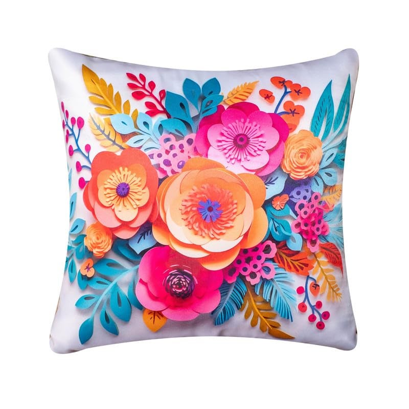 Vendola 3D Decorative Satin Sofa Cushion Covers Set of 5, 20 Inch x 20 inch, Sofa Pillow Cover, White and Blue, Floral Design, Zipper Closure (Colour Bust, 20X20 Inches) - Image 4