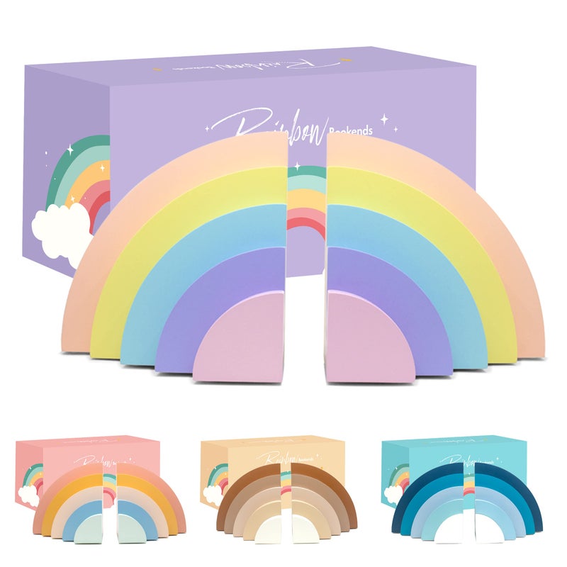 Decorably Pastel Rainbow Bookends for Kids  1 Set NonSkid Wooden Rainbow Book Ends for Babys Nursery Classroom