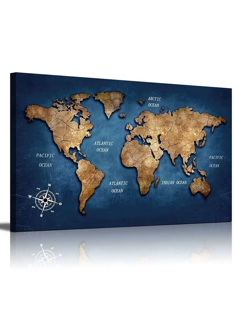 Today Idea Navy Blue World Map Canvas Art Map Classroom Living Room Wall Décorations Colorful Artwork for Office Bedroom Wall Art Blue Map of the World Home Decor Poster Frame Ready to Hang 20x40inch  - Image 1