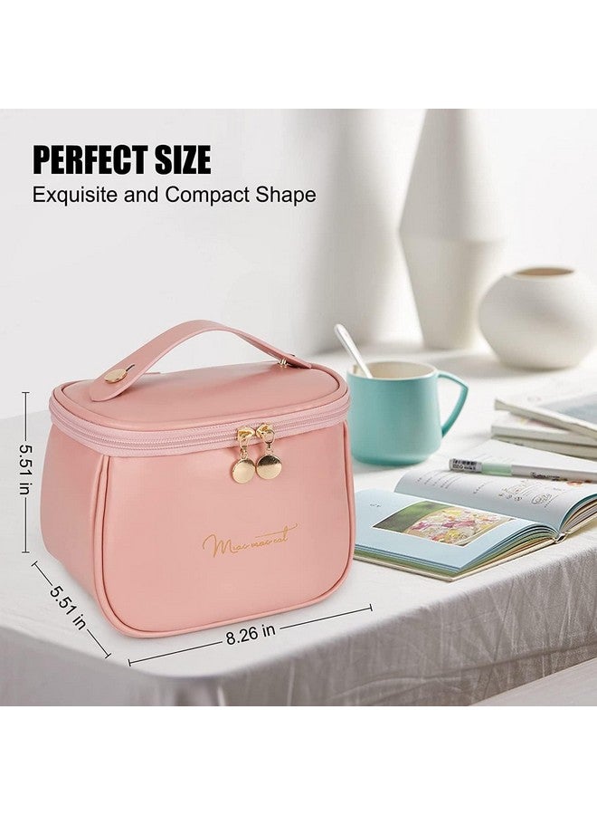 Moxtiza Makeup Bag, Portable Cosmetic Bag, Large Capacity Travel Makeup Organizer, Leather Cosmetic Brush Case for Women Toiletry Bag for Girls with Handle and Divider (Pink) - Image 4
