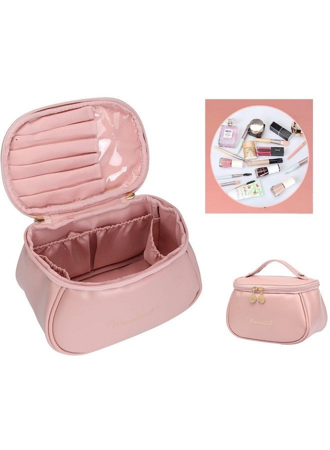 Moxtiza Makeup Bag, Portable Cosmetic Bag, Large Capacity Travel Makeup Organizer, Leather Cosmetic Brush Case for Women Toiletry Bag for Girls with Handle and Divider (Pink) - Image 1