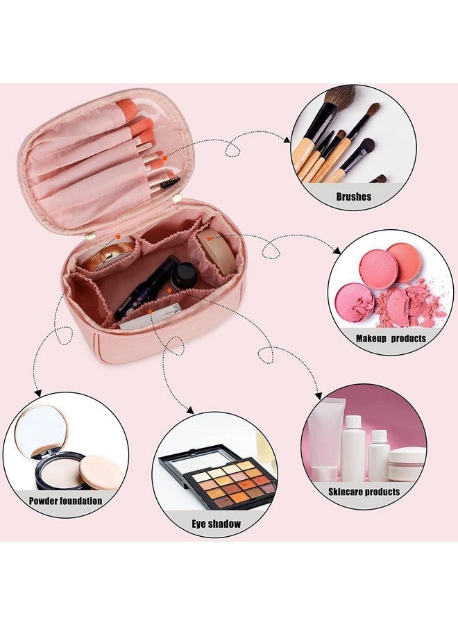 Moxtiza Makeup Bag, Portable Cosmetic Bag, Large Capacity Travel Makeup Organizer, Leather Cosmetic Brush Case for Women Toiletry Bag for Girls with Handle and Divider (Pink) - Image 2