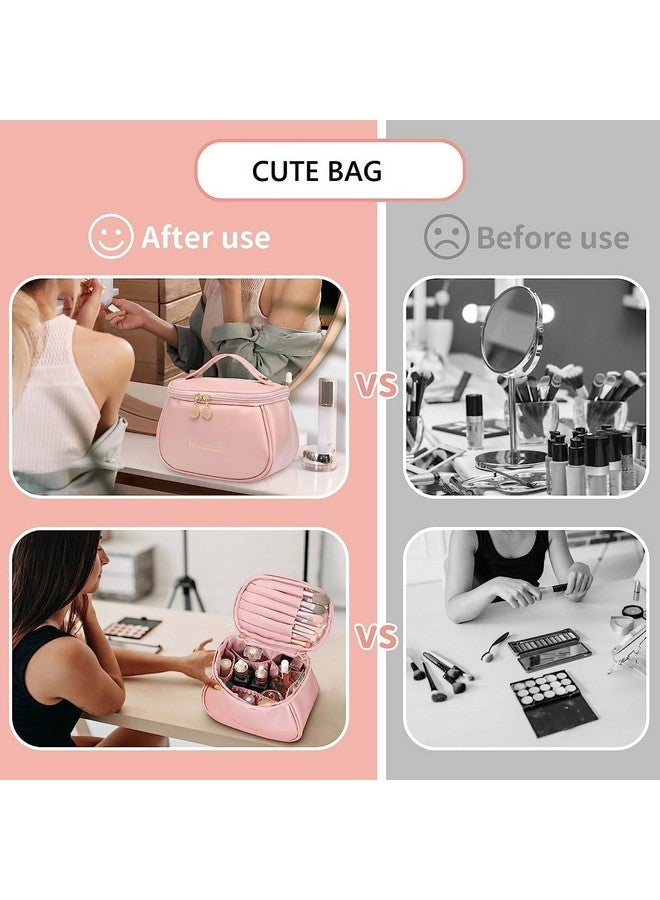 Moxtiza Makeup Bag, Portable Cosmetic Bag, Large Capacity Travel Makeup Organizer, Leather Cosmetic Brush Case for Women Toiletry Bag for Girls with Handle and Divider (Pink) - Image 5