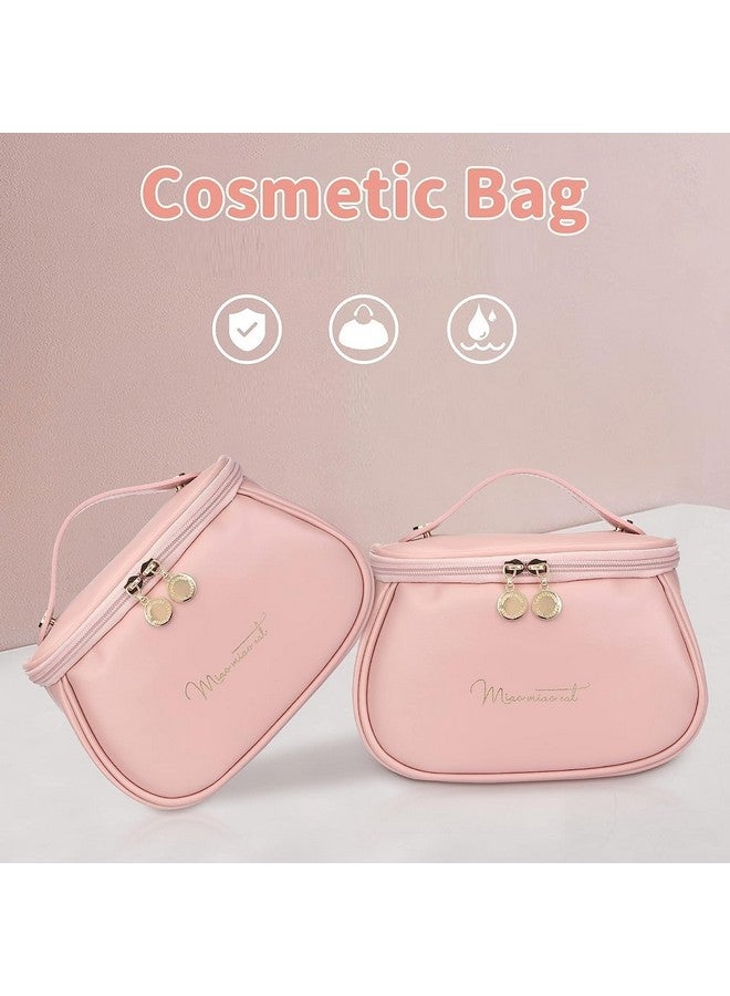 Moxtiza Makeup Bag, Portable Cosmetic Bag, Large Capacity Travel Makeup Organizer, Leather Cosmetic Brush Case for Women Toiletry Bag for Girls with Handle and Divider (Pink) - Image 3