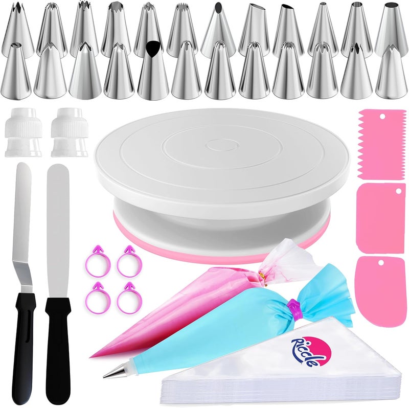RICCLE 88 pcs Cake Decorating Kit with Pink Cake Turntable - Includes 50 Disposable + 2 Reusable Piping Bags and Tips Set, 24 Icing Piping Tips, 2 Spatulas, 3 Icing Comb Scraper, Baking Supplies - Image 1