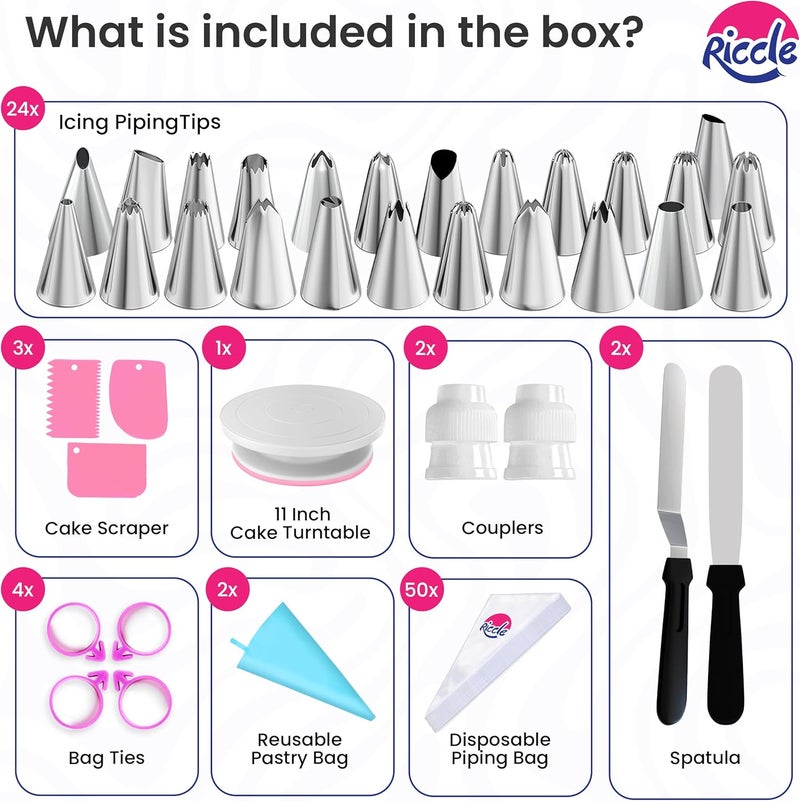 RICCLE 88 pcs Cake Decorating Kit with Pink Cake Turntable - Includes 50 Disposable + 2 Reusable Piping Bags and Tips Set, 24 Icing Piping Tips, 2 Spatulas, 3 Icing Comb Scraper, Baking Supplies - Image 3