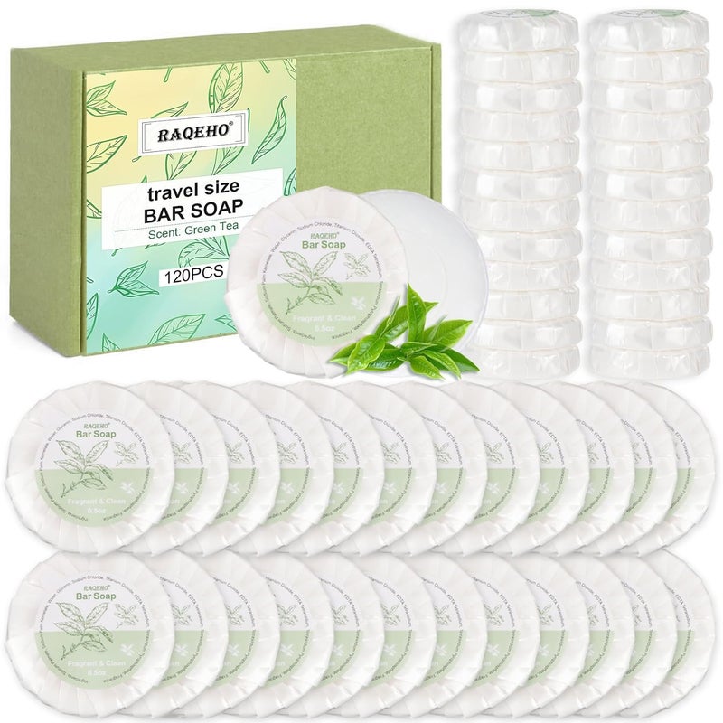 RAQEHO 120 Mini Bar Soap Bulk Travel Soap Individually Wrapped Body Bath Gentle Soap Bars Men Women Travel Size Toiletries for Homeless Hotel Essentials for Guest Bathroom AirbnbGreen Tea - Image 1