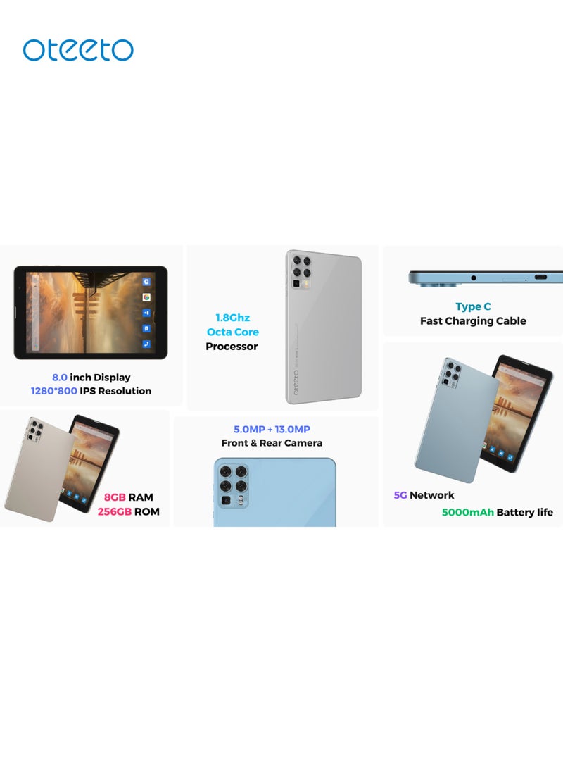Oteeto TAB 8 Tablet/8 Inch IPS/Octa Core 1.8 GHz Processor/8GB RAM + 256GB ROM/5G Dual SIM/5000 mAh/5mp Front+13mp Rear camera/Includes Keyboard, Screen Protector,OTG, Back cover