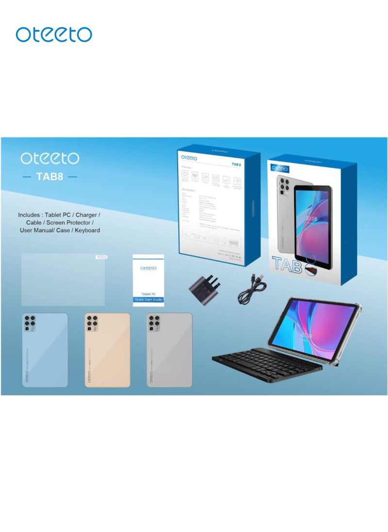 Oteeto TAB 8 Tablet/8 Inch IPS/Octa Core 1.8 GHz Processor/8GB RAM + 256GB ROM/5G Dual SIM/5000 mAh/5mp Front+13mp Rear camera/Includes Keyboard, Screen Protector,OTG, Back cover