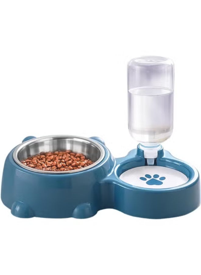 MCENTT 2-in-1 Pet Food and Water Bowl Set, Stainless Steel Feeding Bowl with Automatic Water Dispenser, Non-Slip Design for Cats and Small Dogs | Dark Blue - Image 1
