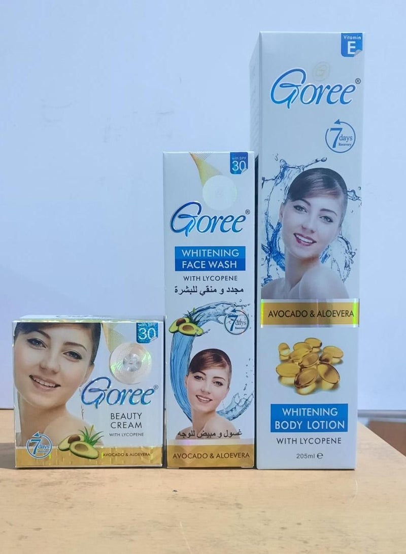 A saving group of three important products for you, madam, body lotion, skin lightening cream, and face lotion